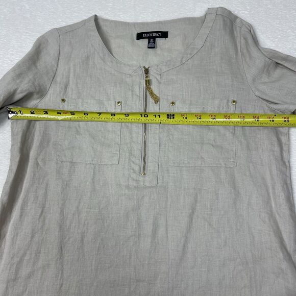 Ellen Tracy Tan 100% Linen Tunic Sm Lagenlook Boho Roll Tab Sleeve Quiet Luxury - Picture 12 of 12